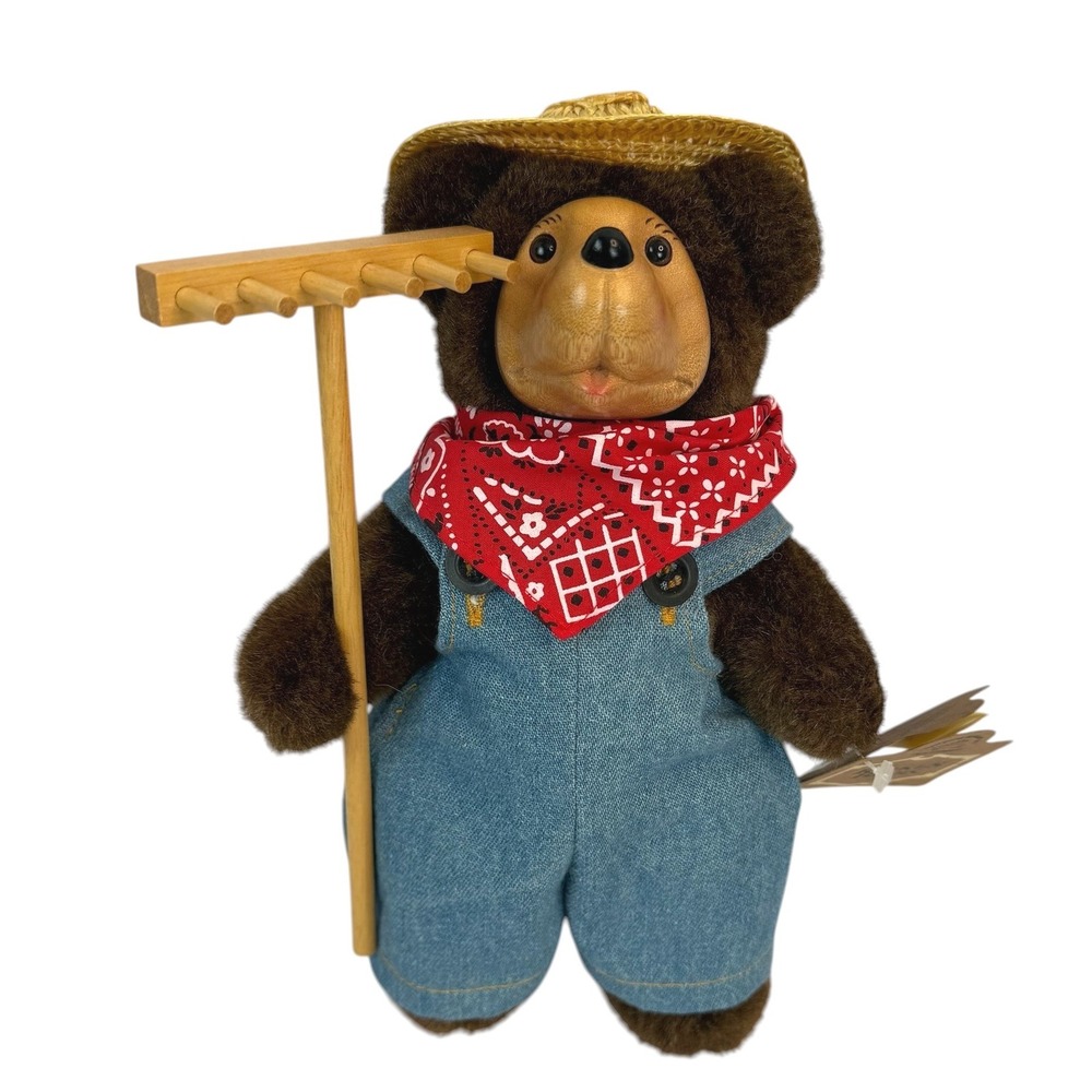 Raikes Bears Farmer Floyd Plush 12in Brown Wooden Face Overalls Bandana 1994